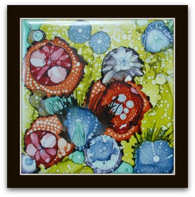 alcohol ink painting on ceramic tile