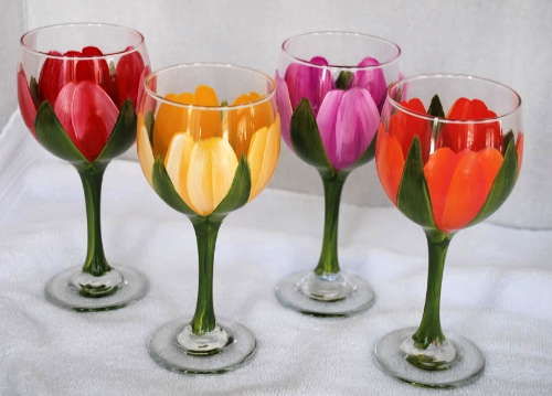 Spring Flowers Hand Painted Wine Glasses, Set Of 4